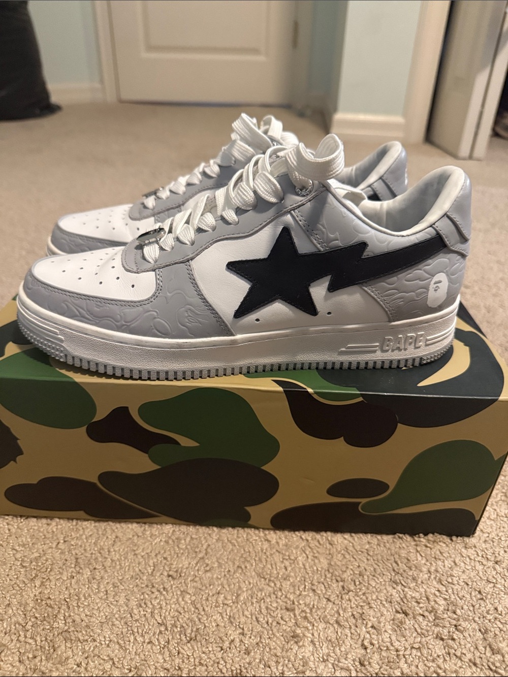 Bape STA Low Top Sneakers - White, Light Gray & Black Star